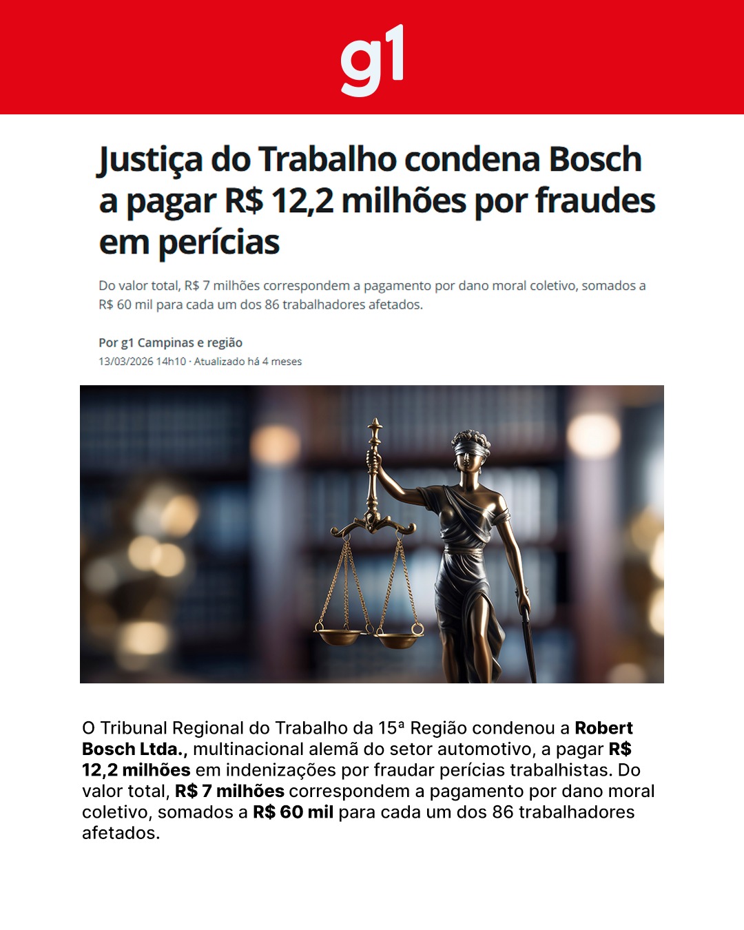 g1 Campinas e Região — Justiça do Trabalho condena Bosch a pagar milhões por fraudes em perícias