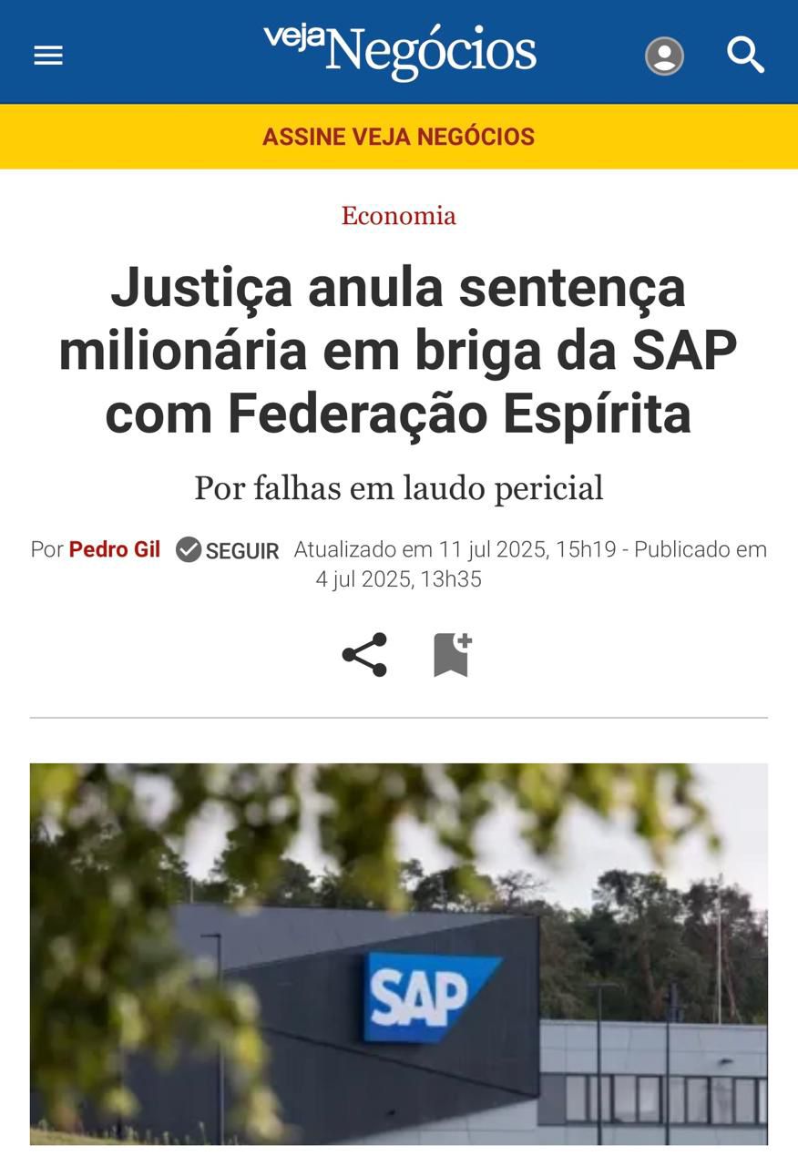 Veja Negócios — Justiça anula sentença milionária em briga da SAP com Federação Espírita